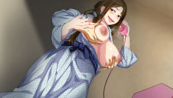 Rule 34 | 1girl, blush, boshi soukan game ~haha wo haramaseru made tanetsuke suru onsen ryokan~, grabbing another&#039;s breast, breasts, breasts out, brown eyes, brown hair, embarrassed, from below, grabbing, grabbing from behind, hand up, highres, holding, holding phone, indoors, japanese clothes, kimono, large breasts, legs, long hair, nipples, open mouth, original, phone, spices (artist), standing, talking on phone, thighs, yukata