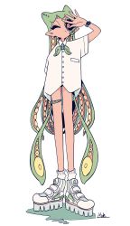 Rule 34 | 1girl, absurdres, arm up, artist name, breast pocket, bright pupils, character request, commentary request, copyright request, full body, green hair, high tops, highres, kanekoshake, long hair, long legs, looking at viewer, no pants, one eye closed, pink eyes, platform footwear, pocket, pointy ears, shirt, shoes, signature, simple background, skinny, sneakers, socks, solo, standing, suction cups, tall female, tentacle hair, velcro, velcro footwear, watch, white background, white footwear, white pupils, white shirt, white socks