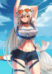 Rule 34 | 1girl, absurdres, ahoge, arknights, arms up, artist name, beach umbrella, black choker, blue shorts, blue sky, blush, breasts, choker, cleavage, cloud, commentary, cowboy shot, day, dhokidoki, eyewear on head, groin, hair between eyes, hair ornament, highres, large breasts, long hair, looking at viewer, low-tied long hair, navel, no headwear, official alternate costume, parted lips, red eyes, short shorts, short sleeves, shorts, silver hair, skadi (arknights), skadi (waverider) (arknights), sky, solo, standing, stomach, sunglasses, thigh strap, thighs, twitter username, umbrella, very long hair, whale hair ornament