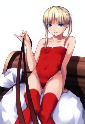 Rule 34 | 1girl, absurdres, bare shoulders, blonde hair, blue eyes, cameltoe, christmas, flat chest, highres, long hair, navel, one-piece swimsuit, ooji, original, pinky out, red thighhighs, sack, simple background, sitting, sleigh, smile, solo, swimsuit, thighhighs, twintails