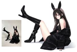 Rule 34 | 1girl, animal ears, bad id, bad twitter id, bare shoulders, black footwear, black hair, black jacket, black nails, black shirt, blue eyes, boots, breasts, closed mouth, crop top, earrings, fake animal ears, from side, frown, g home, hairband, high heel boots, high heels, highres, jacket, jewelry, knee boots, knees up, latex, latex boots, leg up, long hair, long sleeves, looking at viewer, looking to the side, medium breasts, midriff, nail polish, off shoulder, open clothes, open jacket, original, photo-referenced, rabbit ears, reference inset, shirt, sidelocks, simple background, sleeveless, sleeveless shirt, solo, spaghetti strap, thighs, white background