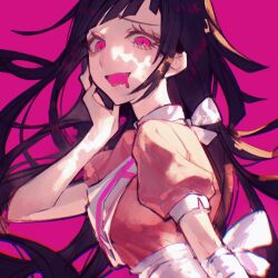 Rule 34 | 1girl, :d, apron, black hair, breasts, danganronpa (series), danganronpa 2: goodbye despair, drooling, flowercz, from side, hand up, highres, long hair, looking at viewer, medium breasts, messy hair, open mouth, pink eyes, pink shirt, puffy short sleeves, puffy sleeves, shirt, short sleeves, smile, solo, tsumiki mikan, waist apron, white apron
