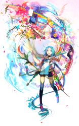 Rule 34 | 1girl, angel wings, anklet, aqua hair, binary, bird, blue eyes, blue hair, bracelet, colorful, fish, flower, fuzichoco, highres, jewelry, long hair, matching hair/eyes, open mouth, original, petals, photo (object), smile, solo, space, star (symbol), surreal, thighhighs, very long hair, water, wings