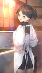 Rule 34 | 10s, 1girl, :d, aged down, alternate costume, alternate hair length, alternate hairstyle, apron, arms behind back, black skirt, blue eyes, blue hair, blush, breasts, commentary request, cowboy shot, from behind, hair ornament, hair ribbon, highres, houshou (kancolle), indoors, kantai collection, kappougi, kitchen, looking at viewer, looking back, matching hair/eyes, open mouth, ponytail, ribbon, school uniform, serafuku, short ponytail, sink, skirt, smile, solo, sunset, untied, untue, window
