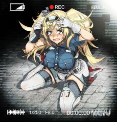 Rule 34 | 1girl, belt, belt buckle, black thighhighs, blonde hair, blue eyes, blue shirt, boots, breast pocket, breasts, buckle, buttons, collared shirt, covering head, crying, crying with eyes open, dongsa wonhyong, dress shirt, eyebrows, gambier bay (kancolle), gloves, hair between eyes, hairband, hand on own head, kantai collection, large breasts, long hair, open mouth, platform footwear, pocket, recording, scared, shirt, shorts, sitting, solo, spread legs, tears, teeth, thigh boots, thighhighs, tongue, twintails, wariza, white footwear, white gloves, zettai ryouiki