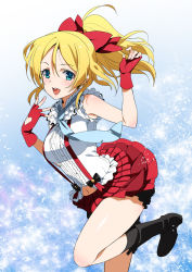 Rule 34 | 10s, 1girl, aqua eyes, ayase eli, blonde hair, bokura wa ima no naka de, boots, clothing cutout, fingerless gloves, frilled skirt, frills, gloves, hair ribbon, hand to own mouth, inue shinsuke, leaning forward, leg up, looking at viewer, love live!, love live! school idol project, navel cutout, necktie, open mouth, ponytail, red gloves, red skirt, ribbon, shirt, short hair, skirt, sleeveless, sleeveless shirt, smile, solo, standing, standing on one leg, suspenders, underwear, white shirt