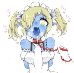 Rule 34 | 1girl, bare shoulders, bdsm, blonde hair, blue skin, breasts, collar, colored skin, disgaea, hair over one eye, leash, maid, maid (disgaea), negationtenmaru, open mouth, penis, pointy ears, saliva, slave, twintails, yellow eyes, zombie