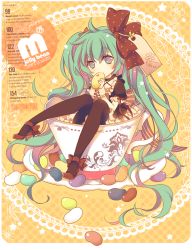 Rule 34 | 1girl, candy, cup, food, green eyes, green hair, hatsune miku, high heels, in food, jelly bean, jonejung, long hair, matching hair/eyes, mini person, minigirl, pantyhose, sitting, solo, teacup, twintails, very long hair, vocaloid
