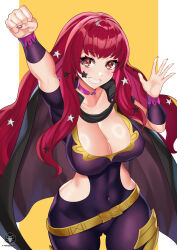Rule 34 | 1girl, absurdres, belt, black cape, breasts, cape, choker, cleavage, commentary request, covered navel, cowboy shot, facial mark, fire emblem, fire emblem engage, gluteal fold, grin, hand up, highres, large breasts, long hair, looking at viewer, nail polish, nez-box, nintendo, pink choker, purple nails, red eyes, red hair, smile, solo, standing, star (symbol), thighs, very long hair, yellow belt, yunaka (fire emblem)