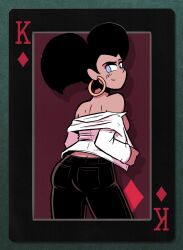 Rule 34 | 1girl, ass, bare shoulders, black hair, blue eyes, breasts, card (medium), closed mouth, commentary, dark-skinned female, dark skin, denim, double bun, earrings, english commentary, from behind, gert (sam &amp; fuzzy), hair bun, highres, hoop earrings, jeans, jewelry, king (playing card), king of diamonds, long sleeves, looking at viewer, medium breasts, no bra, original, pants, sam &amp; fuzzy, sam logan, shirt, smile, solo, undressing, white shirt