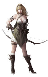 Rule 34 | 1girl, arrow (projectile), bad id, bare shoulders, blonde hair, blue eyes, boots, bow (weapon), breasts, brown footwear, cleavage, collar, dongho kang, hairband, hand on own hip, head tilt, high heel boots, high heels, holding, large breasts, long hair, looking at viewer, original, quiver, realistic, simple background, solo, weapon, white background