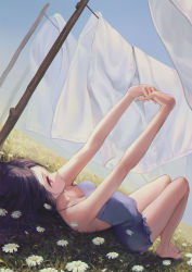 Rule 34 | 1girl, bare arms, bare legs, barefoot, black hair, blush, clothesline, collarbone, dress, drying, drying clothes, flower, grass, highres, laundry pole, lying, myoushun, original, own hands together, red eyes, solo, stretching, thighs