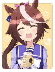 Rule 34 | 1girl, :d, ^ ^, animal ears, blue ribbon, blush, border, bow, brown background, brown hair, closed eyes, coffee cup, collarbone, commentary request, cup, disposable cup, drinking straw, ear ribbon, facing viewer, hair bow, happy, heart, holding, holding cup, horse ears, ixia (ixia424), long hair, long sleeves, motion lines, multicolored hair, open mouth, pink bow, ponytail, purple sailor collar, purple shirt, ribbon, sailor collar, school uniform, serafuku, shirt, smile, solo, streaked hair, teeth, tokai teio (umamusume), tracen school uniform, two-tone hair, umamusume, upper body, upper teeth only, very long hair, white border, white bow, white hair