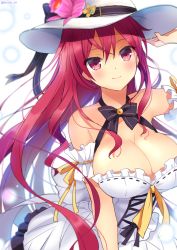 Rule 34 | 1girl, alternate costume, armlet, bare shoulders, bow, breasts, cattleya (flower knight girl), cleavage, commentary request, curly hair, dress, flower, flower knight girl, frilled dress, frills, hand on headwear, hat, hat flower, kurot, large breasts, long hair, red eyes, red hair, ribbon, smile, solo, twitter username, white dress, yellow ribbon