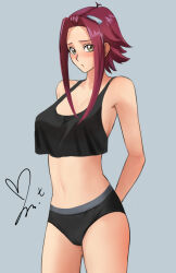 Rule 34 | 1girl, arms behind back, arms up, black panties, breasts, cowboy shot, crop top, crop top overhang, grey background, grey eyes, izayoi aki, large breasts, panties, red hair, short hair, short hair with long locks, sidelocks, signature, simple background, solo, underwear, underwear only, yu-gi-oh!, yu-gi-oh! 5d&#039;s