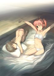 Rule 34 | 2girls, :&lt;, absurdres, armpits, arms up, bent over, blush, brown eyes, brown hair, cinderella bust, flat chest, green eyes, highres, long hair, looking at viewer, midiman, multiple girls, navel, no bra, one eye closed, original, panties, pillow, red hair, revision, short hair, stretching, striped clothes, striped panties, topless, twintails, underwear, waking up