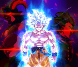 Rule 34 | 4boys, absurdres, arms at sides, bare arms, bare shoulders, black hair, closed mouth, collarbone, colored eyelashes, dragon ball, dragon ball super, floating hair, frown, gem, grey eyes, highres, horns, jiren, long hair, moro (dragon ball), multiple boys, muscular, muscular male, nipples, pants, papita pochi, purple gemstone, solo, son goku, spiked hair, topless, torn clothes, ultra instinct, v-shaped eyebrows, vegeta, white hair, yellow pants
