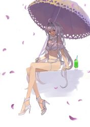 Rule 34 | 1girl, absurdres, ahoge, bikini, breasts, cleavage, drinking straw, fate/grand order, fate (series), full body, high heels, highres, holding, holding umbrella, lady avalon (fate), lady avalon (second ascension) (fate), licking lips, long hair, looking at viewer, medium breasts, merlin (fate/prototype), navel, oden (o-den), petals, red eyes, sitting, smile, solo, swimsuit, toe-point, tongue, tongue out, tropical drink, umbrella, very long hair, white background, white bikini
