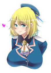 Rule 34 | 10s, 1girl, aged up, alternate hair length, alternate hairstyle, atago (kancolle), beret, blonde hair, blue eyes, blush, breasts, hat, heart, kantai collection, large breasts, looking at viewer, military, military uniform, perepere-kun, short hair, simple background, smile, solo, uniform, upper body, white background