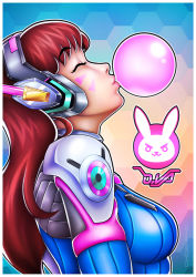 Rule 34 | 1girl, arched back, artist name, bodysuit, border, breasts, blowing bubbles, character name, chewing gum, closed eyes, d.va (overwatch), facepaint, facial mark, from side, headphones, honeycomb (pattern), honeycomb background, honeycomb pattern, leaning back, lips, long hair, nose, overwatch, overwatch 1, pilot suit, profile, red hair, ribbed bodysuit, signature, skin tight, small breasts, smug, solo, swept bangs, toni hoang nguyen, upper body, whisker markings, white border
