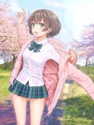 Rule 34 | 1girl, absurdres, black bow, black skirt, bow, brown hair, cherry blossoms, cloud, cloudy sky, fence, foetyu6ethuslim, fur-trimmed jacket, fur trim, grass, green eyes, highres, jacket, lens flare, open clothes, open jacket, open mouth, original, outdoors, pink jacket, plaid, plaid bow, plaid skirt, pleated skirt, road, shirt, short hair, skirt, sky, solo, standing, street, tree, white shirt