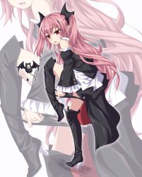 Rule 34 | 1girl, boots, dress, high heel boots, high heels, highres, krul tepes, kyuutou (kyuutouryuu), owari no seraph, panties, panty pull, pink eyes, pink hair, removing panties, standing, standing on one leg, thigh boots, thighhighs, twintails, two side up, underwear
