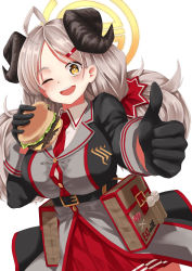 Rule 34 | 1girl, belt, belt bag, blue archive, blush, breasts, brown hair, burger, commentary request, food, gloves, hair ornament, hairclip, highres, horns, izumi (blue archive), large breasts, long hair, looking at viewer, one eye closed, open mouth, school uniform, simple background, sirone (90980775), solo, thumbs up, white background, yellow eyes