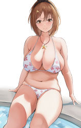 Rule 34 | 1girl, absurdres, atelier (series), atelier ryza, atelier ryza 1, bikini, black hairband, breasts, brown eyes, brown hair, cleavage, floral print, hairband, halterneck, highres, jewelry, large breasts, looking at viewer, navel, necklace, neneneji, pool, print bikini, reisalin stout, short hair, simple background, sitting, smile, solo, star (symbol), star necklace, swimsuit, thick thighs, thighs, white background, white bikini