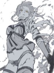 Rule 34 | 1girl, absurdres, bandaged arm, bandages, bow, dizi930, eyelashes, flower, gloves, greyscale, highres, holding, holding weapon, kaine (nier), long hair, looking down, lunar tear, monochrome, navel, nier (series), parted lips, sketch, solo, spot color, thigh strap, thighhighs, torn, torn clothes, weapon, yellow eyes