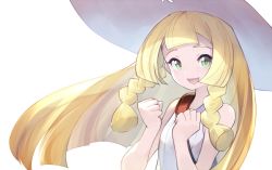 Rule 34 | 1girl, bad id, bad twitter id, bags under eyes, bare arms, bare shoulders, blonde hair, braid, clenched hands, creatures (company), dress, game freak, green eyes, hat, lillie (pokemon), long hair, looking at viewer, nintendo, open mouth, pokemon, pokemon sm, solo, straight hair, sun hat, sundress, teko, white background