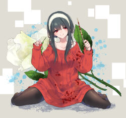 Rule 34 | 1girl, bare shoulders, black pantyhose, blood, blood on clothes, bloody weapon, breasts, collarbone, dagger, dress, floral background, full body, grey background, hair between eyes, hair up, hairband, hamayumiba sou, highres, holding, holding weapon, kneeling, knife, long sleeves, looking at viewer, medium breasts, off-shoulder dress, off shoulder, pantyhose, red eyes, red sweater, sidelocks, sitting, sleeves past wrists, smile, solo, spread legs, spy x family, stiletto (weapon), sweater, sweater dress, w arms, wariza, weapon, white hairband, yor briar