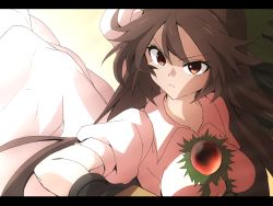 Rule 34 | 1girl, arm cannon, black wings, bow, breasts, brown eyes, brown hair, cape, closed mouth, collared shirt, feathered wings, green bow, hair bow, highres, letterboxed, long hair, medium breasts, puffy short sleeves, puffy sleeves, reiuji utsuho, shinmon akika, shirt, short sleeves, solo, third eye, touhou, upper body, v-shaped eyebrows, weapon, white cape, white shirt, wings