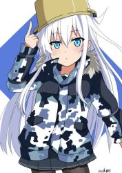 Rule 34 | 1girl, black pantyhose, blue eyes, blush, bucket, bucket on head, camouflage, camouflage jacket, flat cap, hair between eyes, hair ornament, hat, hibiki (kancolle), hinase (jet hearts), jacket, kantai collection, long hair, long sleeves, looking at viewer, object on head, one-hour drawing challenge, open mouth, pantyhose, pleated skirt, silver hair, skirt, solo, two-tone background, verniy (kancolle)