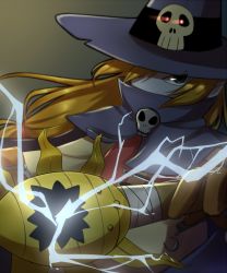Rule 34 | blonde hair, cape, digimon, digimon (creature), digimon adventure, electricity, gloves, glowing, glowing eyes, green eyes, hair over one eye, hat, highres, long hair, low-tied long hair, masa (ww5320), no humans, pointy ears, red eyes, revision, skull, solo, staff, wizard hat, wizarmon, zipper