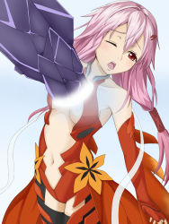 Rule 34 | 10s, 1girl, bare shoulders, black thighhighs, blush, breasts, center opening, cleavage, detached sleeves, fingerless gloves, gloves, guilty crown, hair ornament, hairclip, heikichi, highres, human scabbard, kusakabelover, long hair, navel, one eye closed, pink hair, red eyes, sexually suggestive, solo, thighhighs, twintails, void (guilty crown), wink, yuzuriha inori