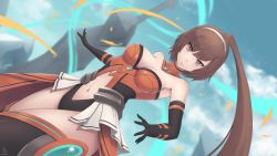 Rule 34 | 1girl, armor, armpits, artist name, bare shoulders, black gloves, black thighhighs, blue gemstone, blue sky, blurry, blush, bodysuit, breasts, brooch, brown eyes, brown hair, center opening, cleavage, closed mouth, clothing cutout, cloud, cowboy shot, day, depth of field, detached collar, dutch angle, elbow gloves, expressionless, eyes visible through hair, faulds, fire, fire, from side, gem, gloves, glowing, groin, hairband, hananon, high ponytail, jewelry, large breasts, legs together, leotard, long hair, looking at viewer, navel, navel cutout, orange eyes, original, outdoors, outstretched arm, pillar, pleated skirt, ponytail, red skirt, showgirl skirt, signature, skirt, sky, solo, stomach, strapless, strapless leotard, thighhighs, thighs, tsurime, very long hair, wallpaper, white skirt