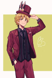 Rule 34 | 1boy, animal ears, baccalaoooo, black necktie, blonde hair, collared shirt, cowboy shot, fake animal ears, formal, hand in pocket, hand on headwear, hand up, hat, hat ornament, hat tip, hat with ears, highres, izumi kouhei, jacket, long sleeves, looking at viewer, male focus, necktie, open clothes, open jacket, pants, rabbit, rabbit ears, red hat, red jacket, red pants, shirt, short hair, smile, solo, striped clothes, striped vest, suit, top hat, vest, world trigger, yellow background