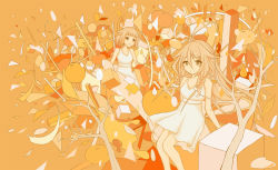 Rule 34 | 2girls, :d, ahoge, braid, branch, cevio, confetti, cube, dress, female focus, food, fruit, highres, ia (vocaloid), looking at viewer, monochrome, multiple girls, one (cevio), open mouth, orange (fruit), orange theme, plant, poorly drawn, sitting, smile, vocaloid, wakakausa ozora, water drop, white dress