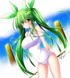 Rule 34 | 1girl, alternate hairstyle, blush, breasts, frog hair ornament, gohei, green hair, hair ornament, hair ribbon, kochiya sanae, large breasts, long hair, looking at viewer, one-piece swimsuit, oonusa, osashin (osada), ribbon, rope, school swimsuit, shimenawa, snake hair ornament, solo, sweatdrop, swimsuit, touhou, twintails, very long hair, white one-piece swimsuit, yellow eyes
