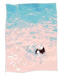 Rule 34 | 1girl, bare arms, barefoot, black hair, black shirt, closed mouth, from above, full body, highres, kgeroua, looking up, ocean, original, outdoors, partially submerged, shirt, shorts, sleeveless, sleeveless shirt, solo