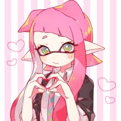 Rule 34 | 1girl, collar, collared shirt, diagonal bangs, eyelashes, green eyes, heart, heart hands, inkling, inkling girl, inkling player character, inuowour, long hair, looking at viewer, multicolored necktie, necktie, nintendo, pink background, pink hair, pointy ears, shirt, solo, splatoon (series), striped, striped background, upper body, white background, white collar