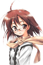 Rule 34 | 1girl, blush, brown eyes, brown hair, buttons, double-breasted, glasses, hoshizaki hikaru, long sleeves, looking at viewer, original, rimless eyewear, scarf, simple background, solo, upper body, white background