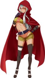 Rule 34 | 1girl, belt, boots, breasts, cape, cecily (sennen sensou aigis), cleavage, cloak, fingerless gloves, gloves, hood, hooded cloak, hoodie, long hair, midriff, navel, sennen sensou aigis, short shorts, shorts, silver hair, solo, standing, thigh boots, thighhighs, thighs, white background, yellow eyes