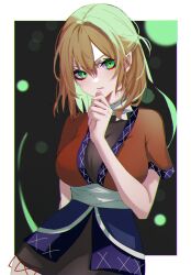 Rule 34 | 1girl, arm behind back, blonde hair, breasts, closed mouth, frown, green eyes, hair between eyes, hand on own chin, hat iue, highres, japanese clothes, large breasts, medium hair, mizuhashi parsee, short sleeves, solo, standing, touhou