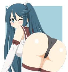 Rule 34 | 10s, 1girl, artist request, ass, bare shoulders, bent over, black hair, black panties, blue eyes, blush, breasts, detached sleeves, female focus, from behind, hair ribbon, hanging breasts, huge ass, isuzu (kancolle), kantai collection, large breasts, long hair, looking at viewer, no pants, panties, ribbon, shiny skin, solo, thighhighs, twintails, underwear, very long hair, wince