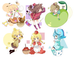 Rule 34 | &gt; &lt;, 6+girls, :3, ;d, animal, apple, apron, basket, bird, black shorts, black socks, blonde hair, blue hair, blue legwear, blue shirt, blush, boots, brown eyes, brown hair, brown skirt, brown sweater, candy, chibi, chick, closed eyes, closed mouth, commentary, crack, cracked egg, dress, drum, drumsticks, egg, food, frilled apron, frills, fruit, fur-trimmed boots, fur trim, green eyes, hand in pocket, hat, highres, holding, holding animal, holding candy, holding food, holding lollipop, instrument, jacket, kneebar, kneehighs, lollipop, long hair, long sleeves, low twintails, mini hat, multiple girls, one eye closed, open mouth, original, pleated skirt, puffy long sleeves, puffy short sleeves, puffy sleeves, purple footwear, red apple, red dress, red headwear, red jacket, red skirt, shirt, short shorts, short sleeves, shorts, shorts under skirt, skirt, smile, socks, striped legwear, suspender skirt, suspenders, sweater, swirl lollipop, symbol-only commentary, thighhighs, tsukiyo (skymint), twintails, two side up, very long hair, white apron, white background, white shirt, yellow footwear