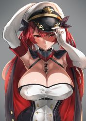 Rule 34 | 1girl, absurdres, armpits, azur lane, black background, breasts, cape, chain, cleavage, closed mouth, collarbone, elbow gloves, frown, gloves, hand on headwear, hat, highres, honolulu (azur lane), hotate-chan, large breasts, long hair, looking at viewer, peaked cap, red eyes, red hair, solo, twintails, very long hair, white gloves