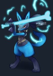 Rule 34 | absurdres, bone, closed mouth, commentary request, creatures (company), energy, full body, game freak, gen 4 pokemon, hands up, highres, holding, holding bone, lucario, nintendo, pokemon, pokemon (creature), red eyes, shigure na hito, smile, solo, standing, twitter username