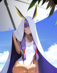 Rule 34 | 1girl, animal ears, blue sky, blurry, breasts, competition swimsuit, covered navel, dark-skinned female, dark skin, day, depth of field, facial mark, fate/grand order, fate (series), hair over breasts, hair tubes, hairband, hood, hoodie, long hair, looking at viewer, medium breasts, narcolepsy-1900, nitocris (fate), nitocris (fate/grand order), nitocris (swimsuit assassin) (fate), nitocris (swimsuit assassin) (second ascension) (fate), one-piece swimsuit, outdoors, parted lips, purple eyes, purple hair, sidelocks, sitting, sky, smile, solo, swimsuit, weibo watermark, white one-piece swimsuit
