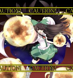 Rule 34 | 1girl, absurdres, arm cannon, black hair, bow, breasts, cape, female focus, foreshortening, hair bow, highres, kazami chiu, long hair, open mouth, red eyes, reiuji utsuho, solo, thighhighs, third eye, touhou, weapon, wings